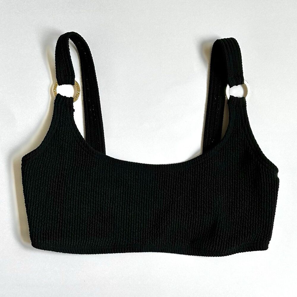 Michael Kors Black Bralette Bikini Top Women’s XS With U-Neck Gold Logo Ring